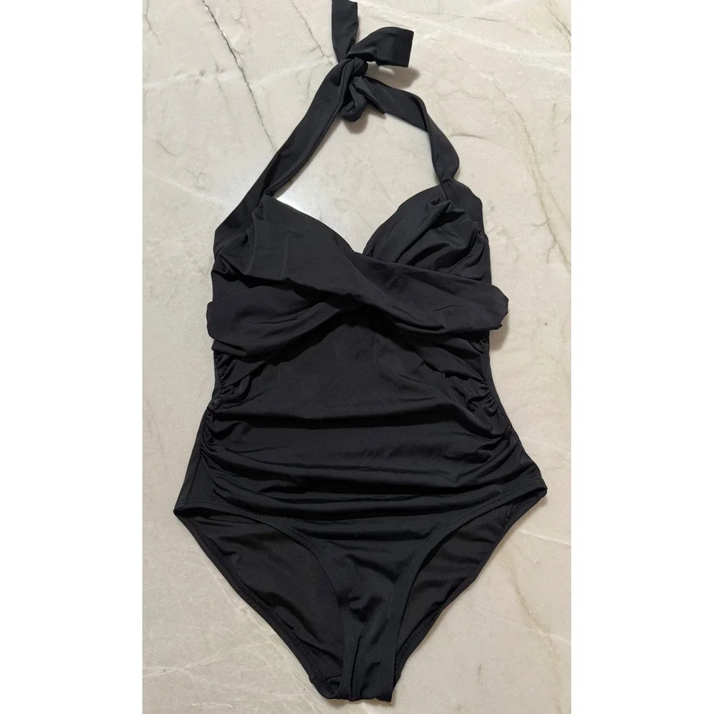 Coastal Blue Womens Black Twist Front Ruched Halter One Piece Swimsuit XS 0-2